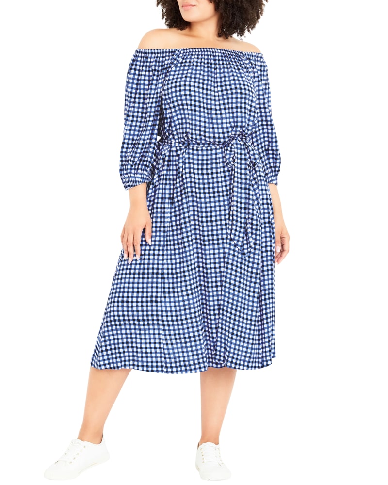 Plus size model wearing Lucine Off The Shoulder Gingham Print Dress by Evans | Dia&Co | dia_product_style_image_id:191571